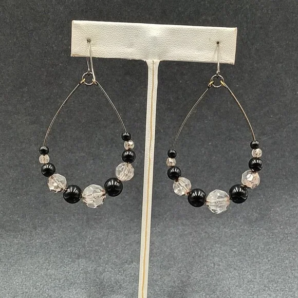 Pierced Earrings Gun Metal Gray Teardrop Wire Loop Acrylic Beaded Dangle 2" - Picture 8 of 10